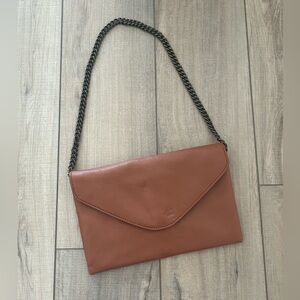 J Crew Brown Leather Envelope Clutch Shoulder Bag Purse with Chain Strap